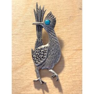J Ritter Vintage Pewter Roadrunner Brooch Pin Turquoise Eye Southwest Bird